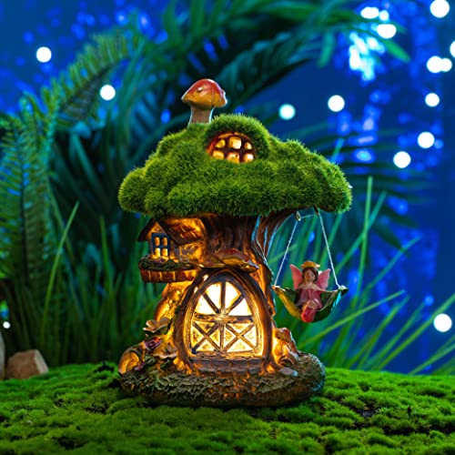 TERESA'S COLLECTIONS Fairy House Garden Statues with Solar Lights, Cute Resin Moss Outdoor Cottage Figurine with Swinging Fairy, Treehouse Lawn Ornaments Gifts for Flower Garden Patio Yard Decor, 7.7"