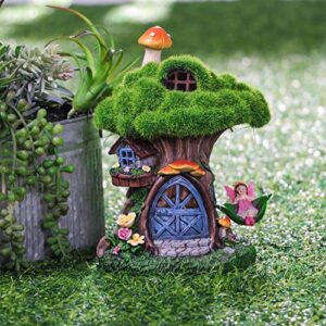 TERESA'S COLLECTIONS Fairy House Garden Statues with Solar Lights, Cute Resin Moss Outdoor Cottage Figurine with Swinging Fairy, Treehouse Lawn Ornaments Gifts for Flower Garden Patio Yard Decor, 7.7"