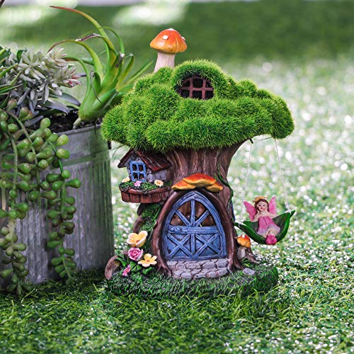 TERESA'S COLLECTIONS Fairy House Garden Statues with Solar Lights, Cute Resin Moss Outdoor Cottage Figurine with Swinging Fairy, Treehouse Lawn Ornaments Gifts for Flower Garden Patio Yard Decor, 7.7"