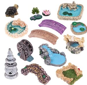 miniature fairy garden accessories outdoor – 15 pieces diy crafts kit for dollhouse plants bonsai decoration, pond bridge water well figurines mini lawn garden ornament for micro landscape yard