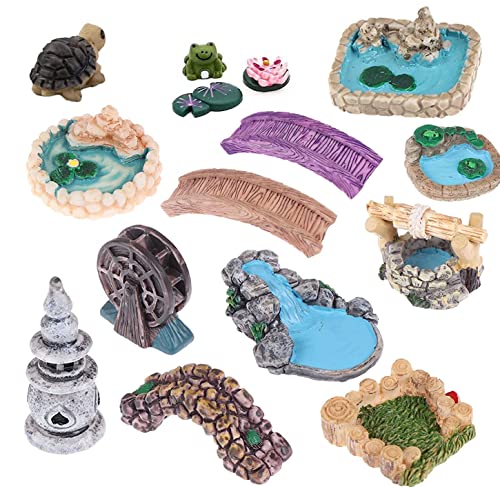 Miniature Fairy Garden Accessories Outdoor - 15 Pieces DIY Crafts Kit for Dollhouse Plants Bonsai Decoration, Pond Bridge Water Well Figurines Mini Lawn Garden Ornament for Micro Landscape Yard