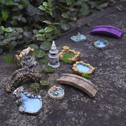 Miniature Fairy Garden Accessories Outdoor - 15 Pieces DIY Crafts Kit for Dollhouse Plants Bonsai Decoration, Pond Bridge Water Well Figurines Mini Lawn Garden Ornament for Micro Landscape Yard