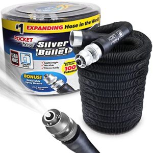 Pocket Hose Silver Bullet 25 ft Turbo Shot Nozzle Multiple Spray Patterns Expandable Garden Hose 3/4 in Solid Aluminum Fittings Lead-Free Lightweight and No-Kink