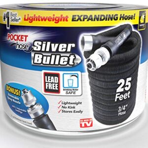 Pocket Hose Silver Bullet 25 ft Turbo Shot Nozzle Multiple Spray Patterns Expandable Garden Hose 3/4 in Solid Aluminum Fittings Lead-Free Lightweight and No-Kink