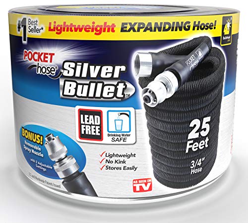 Pocket Hose Silver Bullet 25 ft Turbo Shot Nozzle Multiple Spray Patterns Expandable Garden Hose 3/4 in Solid Aluminum Fittings Lead-Free Lightweight and No-Kink