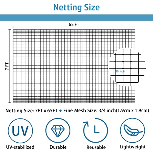 Dafoecheer Bird Netting - 7 x 65 FT Heavy Duty Garden Netting Deer Fence Net for Vegetables, Plant and Fruit Trees Against Birds, Deer and Other Animals