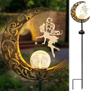 solar garden lights outdoor decor, moon fairy crackle glass globe with angel yard pathway stake lights solar powered waterproof for walkway lawn patio courtyard garden decoration mothers day gifts