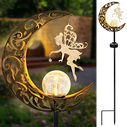 Solar Garden Lights Outdoor Decor, Moon Fairy Crackle Glass Globe with Angel Yard Pathway Stake Lights Solar Powered Waterproof for Walkway Lawn Patio Courtyard Garden Decoration Mothers Day Gifts