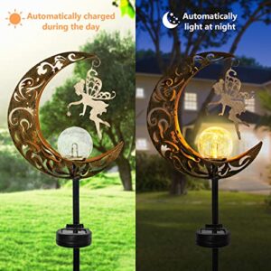 Solar Garden Lights Outdoor Decor, Moon Fairy Crackle Glass Globe with Angel Yard Pathway Stake Lights Solar Powered Waterproof for Walkway Lawn Patio Courtyard Garden Decoration Mothers Day Gifts