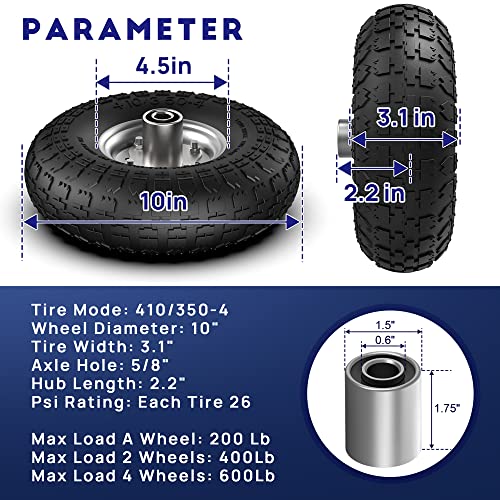 Winisok 4.10/3.50-4 Tire and Wheel Air Filled, 10'' Heavy-duty Pneumatic wheelbarrow wheel Tires Replacement with 5/8'' Axle Bore Hole for Gorilla Carts, Wagon, Garden Carts, Generators (4 Pack)