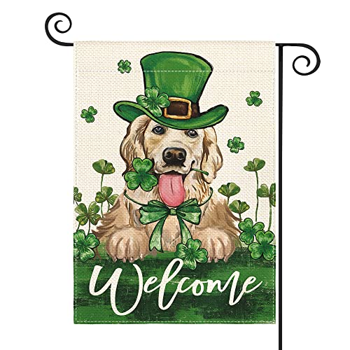 AVOIN colorlife St Patricks Day Green Hat Dog Garden Flag 12x18 Inch Double Sided, Lucky Shamrock 17 March Welcome Yard Outdoor Flag