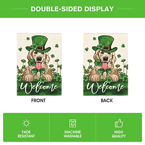 AVOIN colorlife St Patricks Day Green Hat Dog Garden Flag 12x18 Inch Double Sided, Lucky Shamrock 17 March Welcome Yard Outdoor Flag