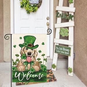 AVOIN colorlife St Patricks Day Green Hat Dog Garden Flag 12x18 Inch Double Sided, Lucky Shamrock 17 March Welcome Yard Outdoor Flag