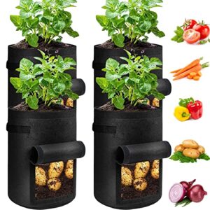 jjgoo 4 pack potato grow bags 10 gallon with flap, heavy duty fabric grow bags with handle and harvest window, non-woven planter pot plant garden bags to grow vegetables potato tomato, black