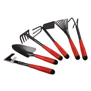 flora guard 6 piece garden tool sets – including trowel,5-teeth rake,9-teeth leaf rake,double hoe 3 prongs, cultivator, weeder, gardening hand tools with high carbon steel heads