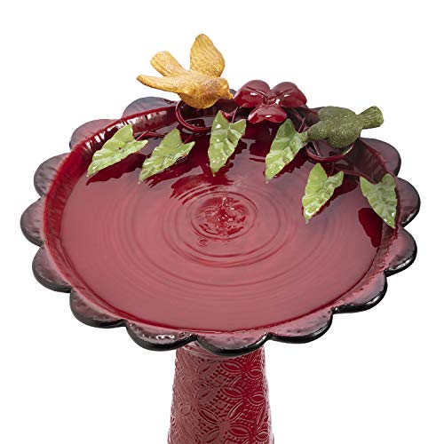 Alpine Corporation 28" Tall Outdoor Metal Birdbath with Birds and Leaves Yard Statue Decoration, Red