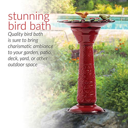 Alpine Corporation 28" Tall Outdoor Metal Birdbath with Birds and Leaves Yard Statue Decoration, Red