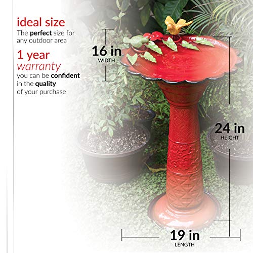 Alpine Corporation 28" Tall Outdoor Metal Birdbath with Birds and Leaves Yard Statue Decoration, Red