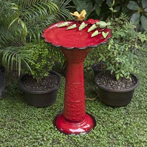 Alpine Corporation 28" Tall Outdoor Metal Birdbath with Birds and Leaves Yard Statue Decoration, Red