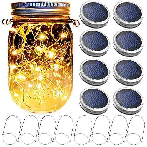 Mason Jar Solar Lantern Lights, 8 Pack 30 LED Bulbs Fairy Star Firefly Solar Lids Jar Lights,8 Hangers Included(No Jars),for Patio Garden Mason Jar Lanterns Table Wedding Decorations Lights