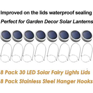 Mason Jar Solar Lantern Lights, 8 Pack 30 LED Bulbs Fairy Star Firefly Solar Lids Jar Lights,8 Hangers Included(No Jars),for Patio Garden Mason Jar Lanterns Table Wedding Decorations Lights