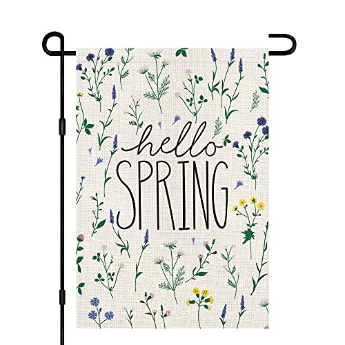 Hello Spring Tulip Lavender Garden Flag 12 x 18 Inch Double Sided Burlap, Seasonal Flower Yard Outdoor Decoration DF243