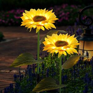 forup 2 pack solar garden stake lights, outdoor sunflower lights, led solar powered lights for patio lawn garden yard pathway decoration, yellow