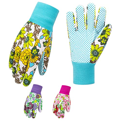 Garden Gloves Women,3 Pairs Breathable Anti-slip Floral Printed Gardening Work Gloves with PVC Dots for Planting and Work (Pink,Green,Purple)