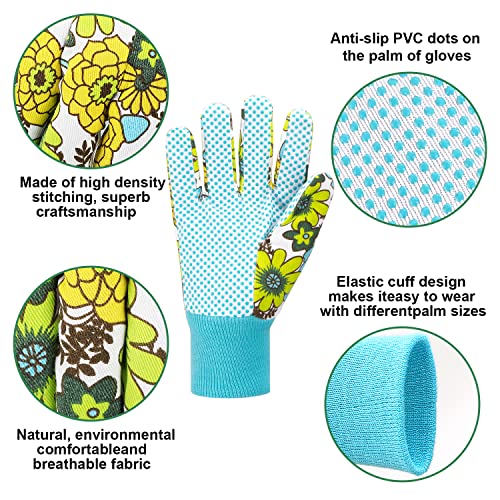 Garden Gloves Women,3 Pairs Breathable Anti-slip Floral Printed Gardening Work Gloves with PVC Dots for Planting and Work (Pink,Green,Purple)