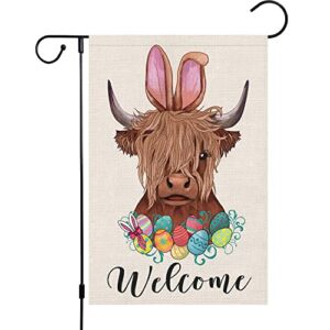 happy easter garden flag 12×18 double sided burlap, small vertical easter highland cow welcome garden yard flags for spring outdoor outside decoration (only flag)