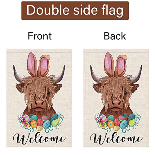 Happy Easter Garden Flag 12x18 Double Sided Burlap, Small Vertical Easter Highland Cow Welcome Garden Yard Flags for Spring Outdoor Outside Decoration (Only Flag)