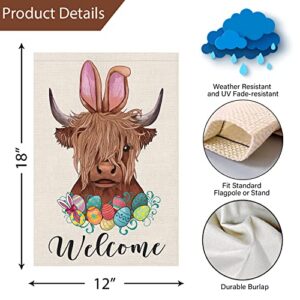 Happy Easter Garden Flag 12x18 Double Sided Burlap, Small Vertical Easter Highland Cow Welcome Garden Yard Flags for Spring Outdoor Outside Decoration (Only Flag)