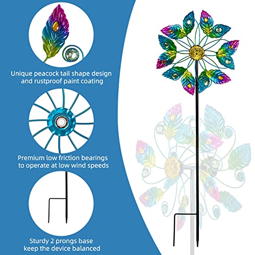 Viveta 51.2 Inch Garden Wind Spinners, Metal Wind Sculptures & Spinners Yard Spinners Outdoor Peacock Double Sided Windmill Spinner for Patio Lawn Decor