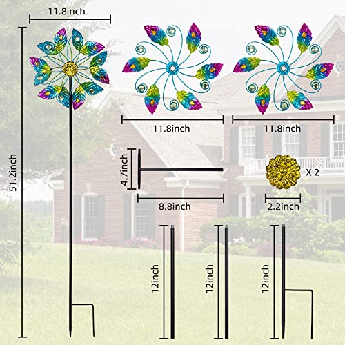 Viveta 51.2 Inch Garden Wind Spinners, Metal Wind Sculptures & Spinners Yard Spinners Outdoor Peacock Double Sided Windmill Spinner for Patio Lawn Decor