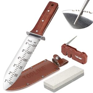 topline hori hori garden knife, double-edge stainless steel blade, garden knife with leather sheath for digging, weeding, planting, hori hori knife with sharpener, sharpening stone included