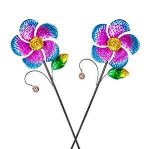 viveta 2 pack wind spinners with metal stake, 28.7 inches outdoor garden pinwheels spinners purple flower shape design for yard lawn patio decor