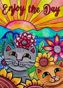 furiaz enjoy the day cats sunflower spring summer small decorative garden flag, sunshine kitty yard abstract sunrise dahlia flower home outside decoration, funny outdoor decor double sided 12×18