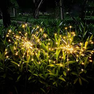 JJGoo Outdoor Solar Garden Lights, 2 Pack 120 LEDs 2 Lighting Modes Waterproof Fireworks Light for Outdoor Patio Walkway Pathway Decorative - Warm White