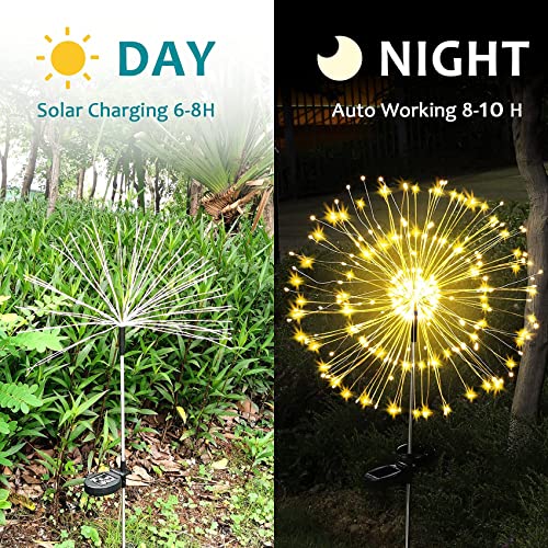 JJGoo Outdoor Solar Garden Lights, 2 Pack 120 LEDs 2 Lighting Modes Waterproof Fireworks Light for Outdoor Patio Walkway Pathway Decorative - Warm White