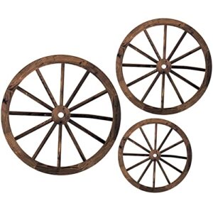 qunclay 3 pcs wooden wagon wheel decor 12/10/8 inch old western western wall decor farmhouse wagon wheels rustic yard wall art decor hanging decorative wheels for garden home bar garage (dark brown)