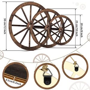 Qunclay 3 Pcs Wooden Wagon Wheel Decor 12/10/8 Inch Old Western Western Wall Decor Farmhouse Wagon Wheels Rustic Yard Wall Art Decor Hanging Decorative Wheels for Garden Home Bar Garage (Dark Brown)