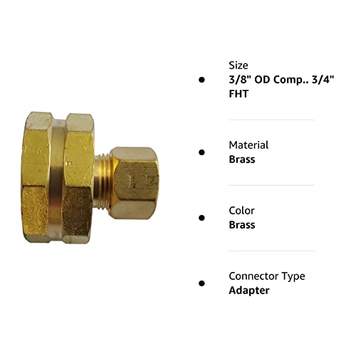 1 Piece XFITTING 3/8" OD Compression x 3/4" FHT Garden Hose Threaded Female Adapter, Brass, 1 Pack