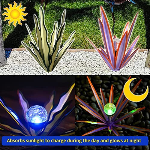 menoha 2 PCS Tequila Rustic Sculpture,Rustic Hand Painted Metal Agave Plant,DIY Metal Plant Garden Yard Sculpture,Lawn Home Ornaments Stakes Outdoor Decor Garden (Purple++Ball)