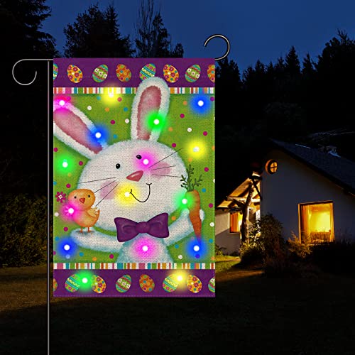 Easter Lighted Garden Flag 12x18 Double Sided Easter Garden Flag with led Lights Vertical Easter Bunny Rabbit Yard Flag for Spring Easter Garden Yard Outdoor Decorations