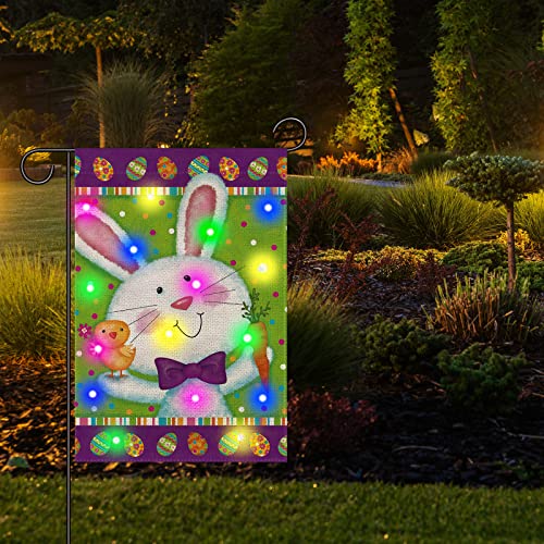 Easter Lighted Garden Flag 12x18 Double Sided Easter Garden Flag with led Lights Vertical Easter Bunny Rabbit Yard Flag for Spring Easter Garden Yard Outdoor Decorations
