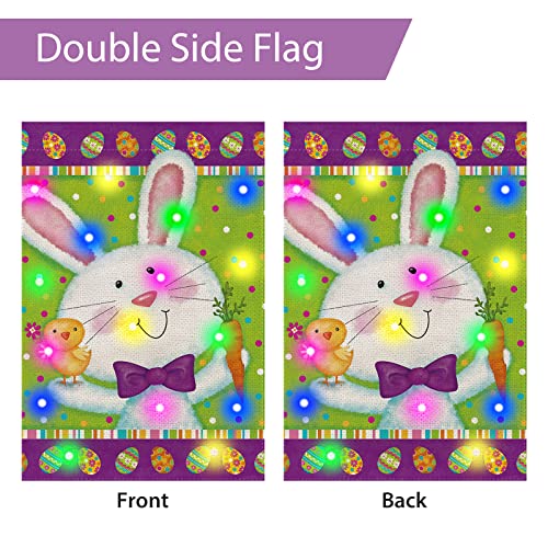 Easter Lighted Garden Flag 12x18 Double Sided Easter Garden Flag with led Lights Vertical Easter Bunny Rabbit Yard Flag for Spring Easter Garden Yard Outdoor Decorations