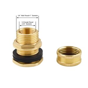 Wantmatch Brass Garden Hose Bulkhead Fitting with Plug,1/2" Female NPT 3/4" Male GHT Garden Hose Threaded,Brass Water Tank Connector 2 Pack