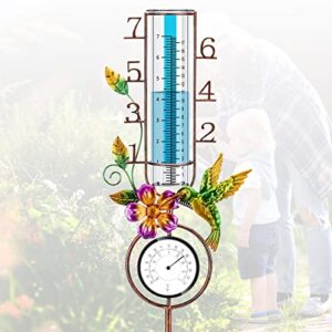 apsoonsell rain gauge with metal stake, large number rain gauges outdoor for garden decor, 7″ rain gauge glass tube with thermometer, hummingbird