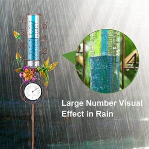 APSOONSELL Rain Gauge with Metal Stake, Large Number Rain Gauges Outdoor for Garden Decor, 7" Rain Gauge Glass Tube with Thermometer, Hummingbird