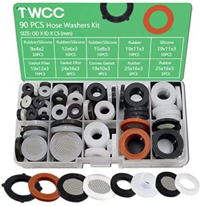 twcc 90 pcs flat rubber washer silicone gasket kit for 3/4″, 1/2″, 3/8″, 1/4″, 1/8″ water pipe fittings assorted plumbing hose shower head o ring garden hose sink faucet screen filter repair